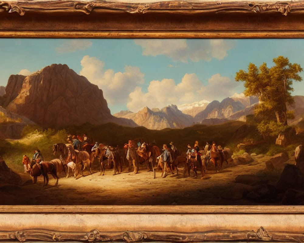 Rustic landscape painting with people, horses, and mountains