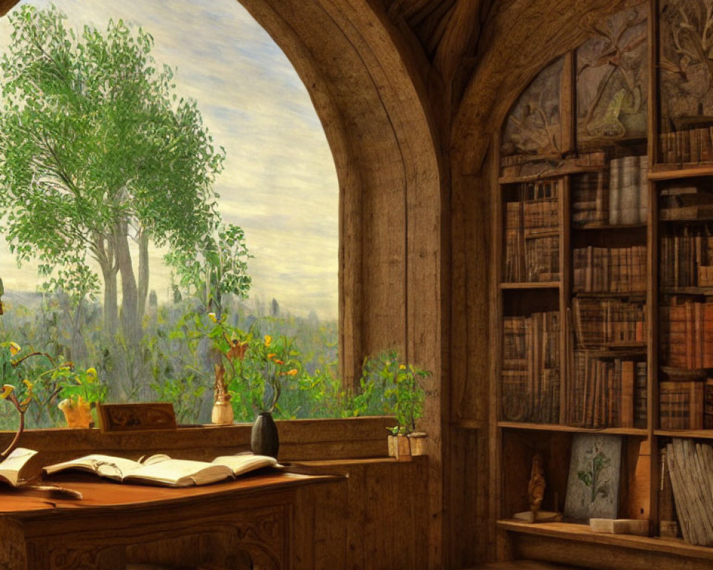 Tranquil study room with wooden desk and bookshelf, natural light from arched window.