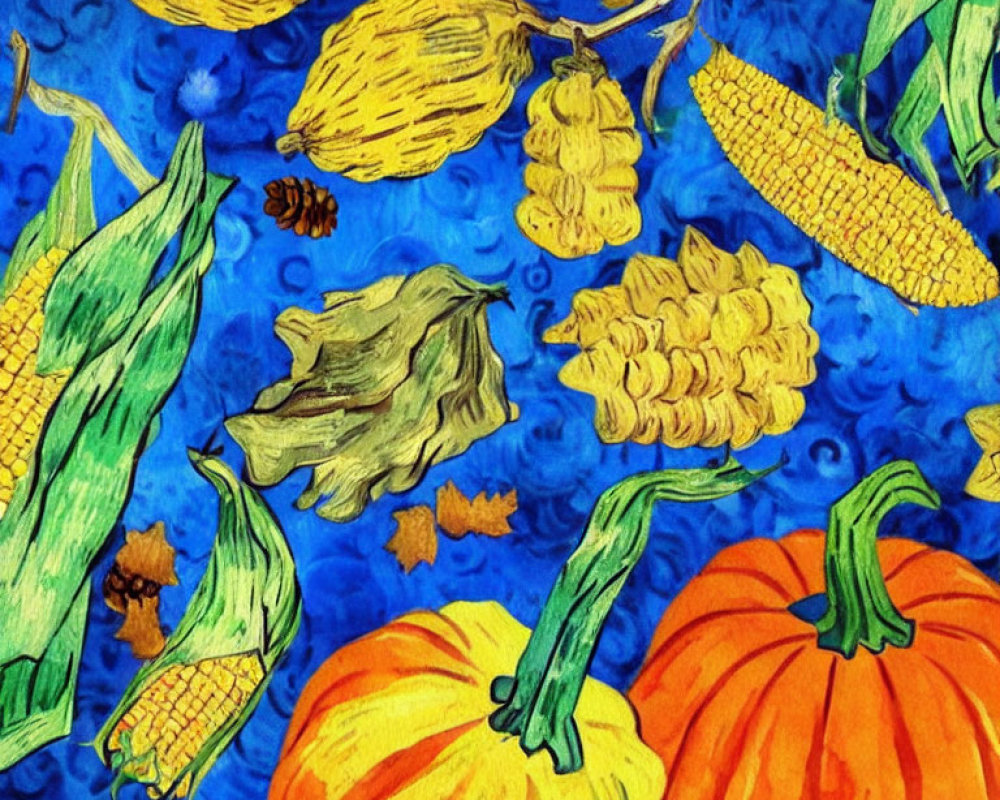 Detailed Autumn Harvest Illustration on Blue Background