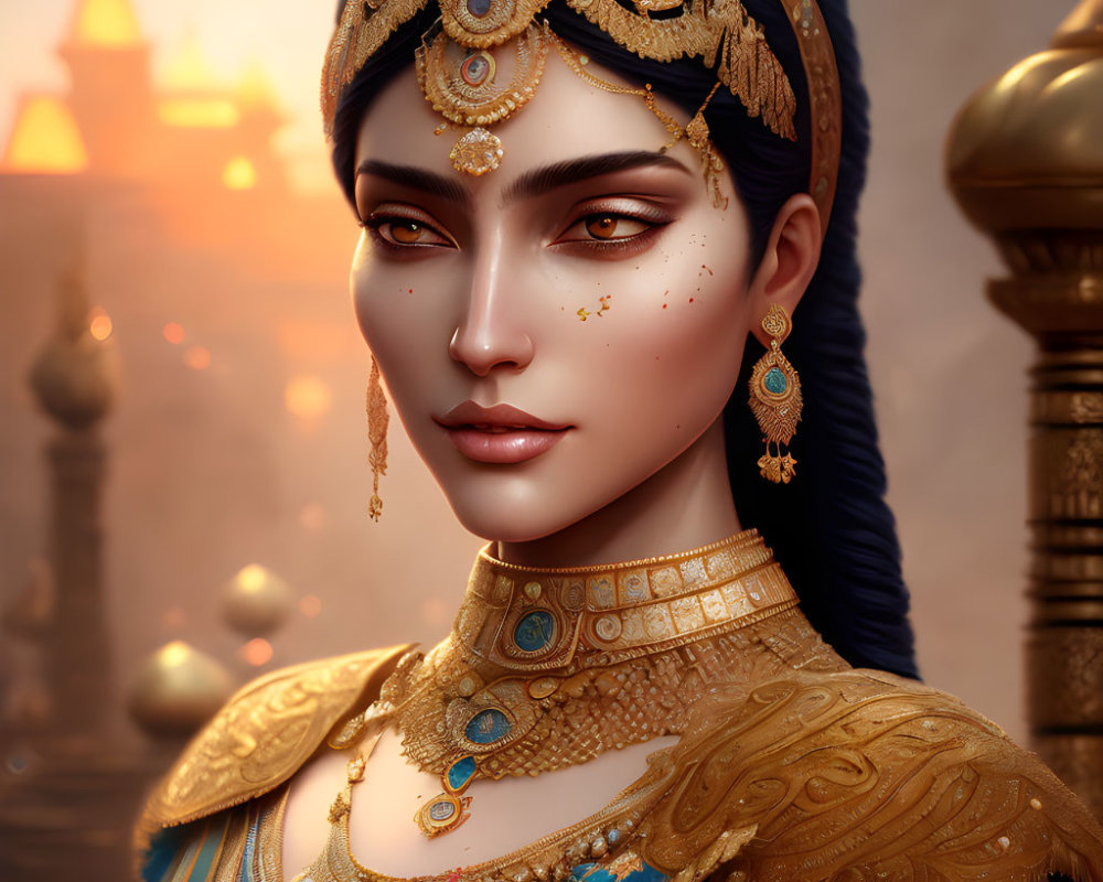 Regal woman portrait with gold jewelry and palace backdrop