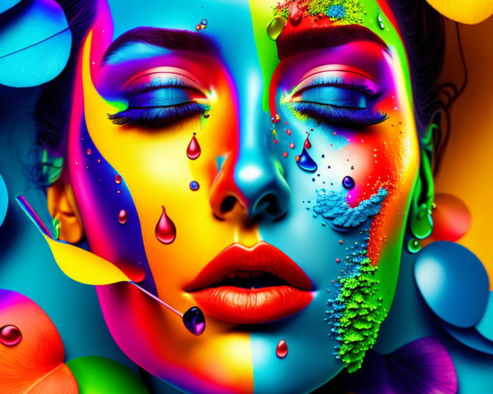 Colorful digital art of a woman's face with multicolored paint and abstract floral elements