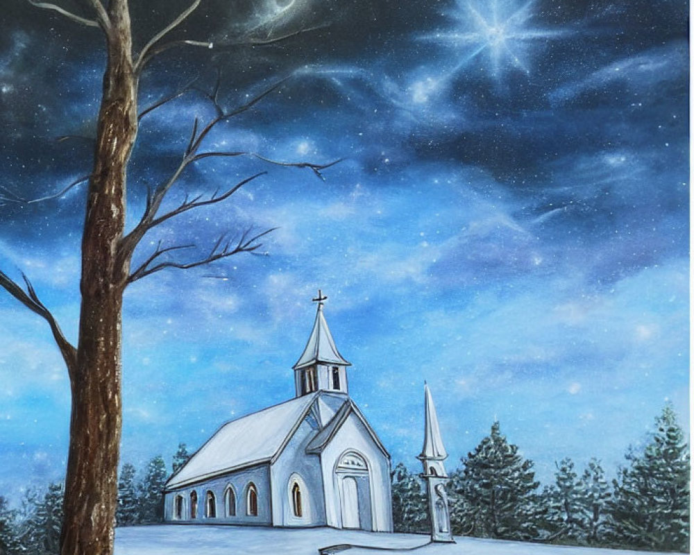 Winter Night Church Scene with Bare Tree and Snow-covered Ground