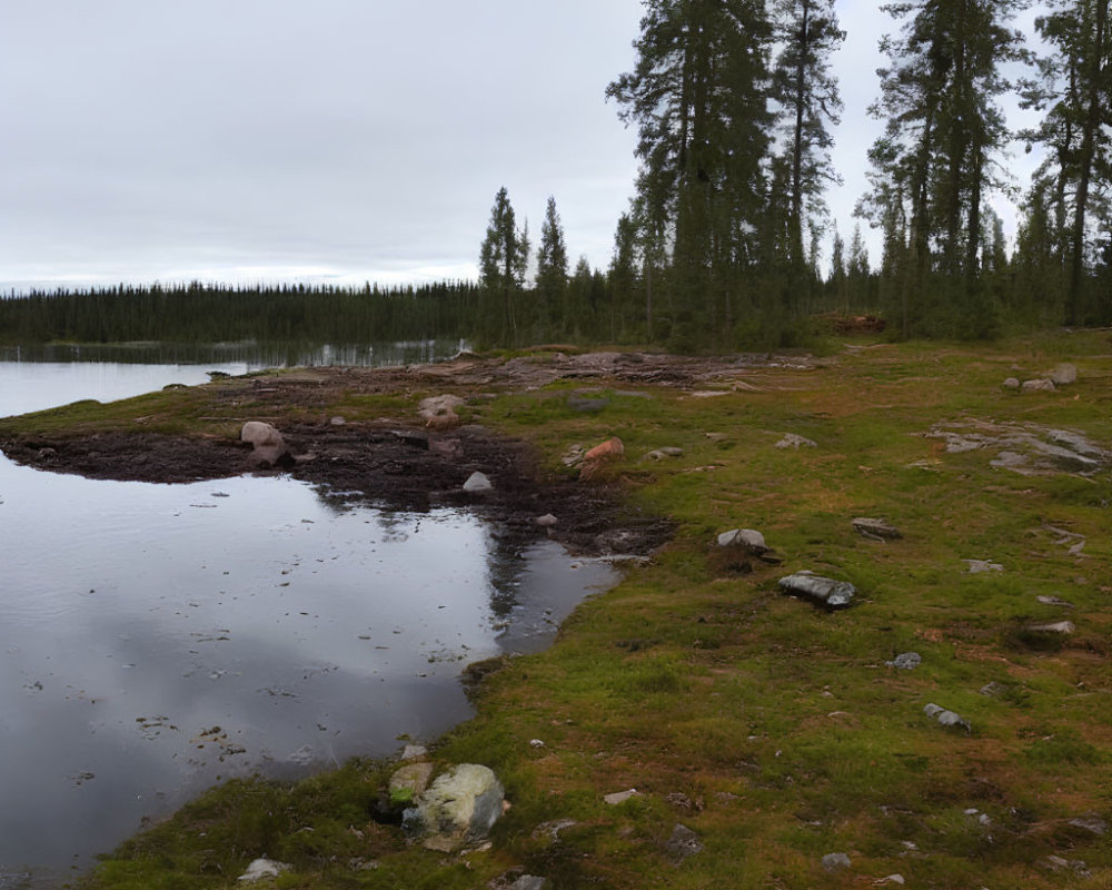 Tranquil Lake Scene with Rocky Shoreline & Evergreen Trees