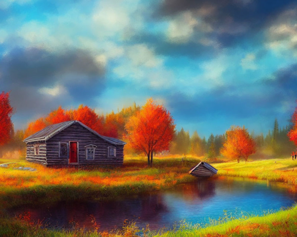 Rustic cabin by tranquil pond in vibrant autumn setting