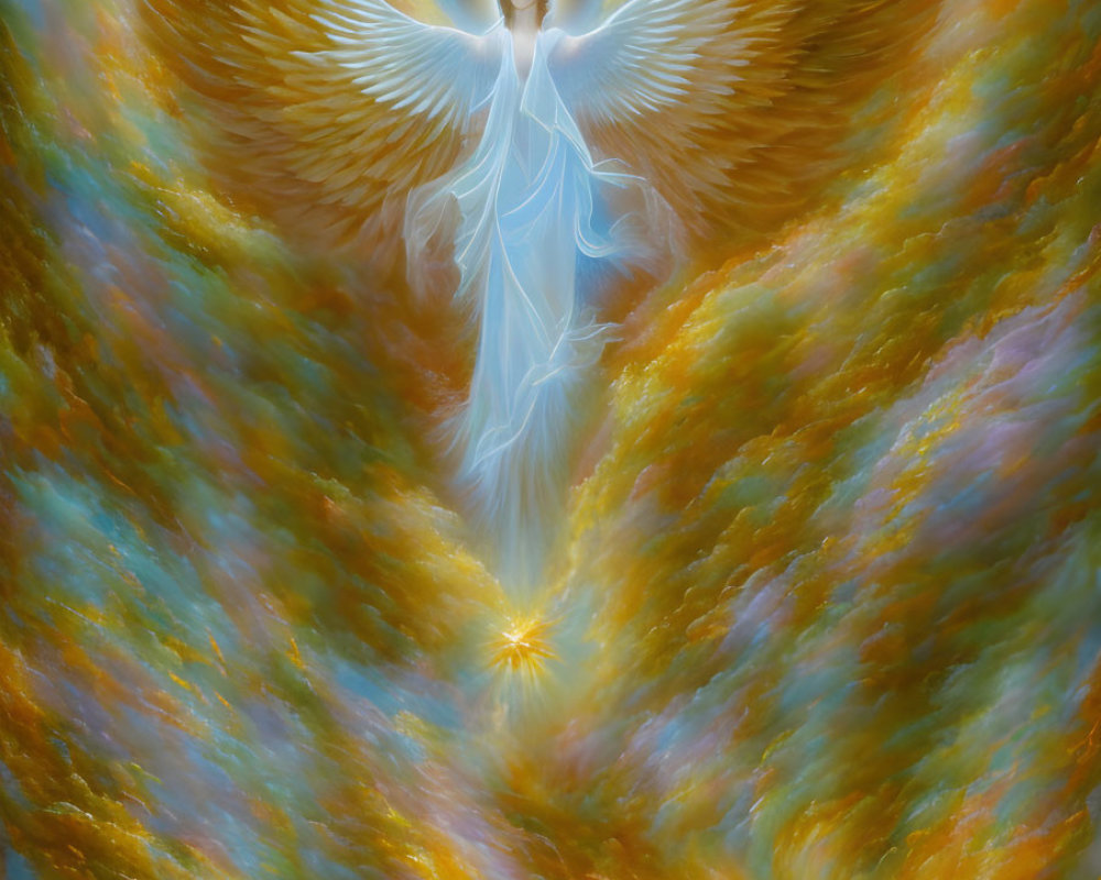 Ethereal angel with wide wings in vibrant golden tunnel