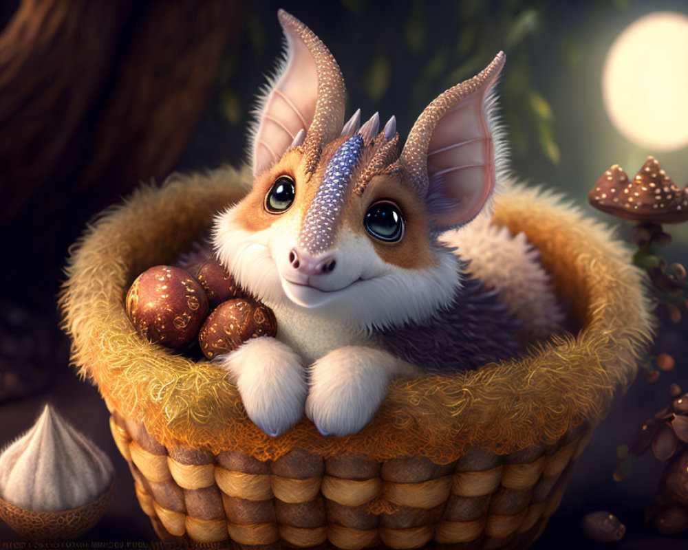 Whimsical creature in basket with golden eggs and mushrooms