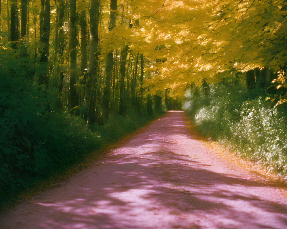 Tranquil Forest Trail with Autumn Leaves and Sunlight