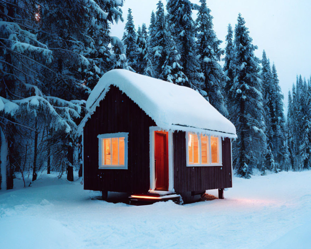 Snowy forest cabin with glowing windows in winter dusk