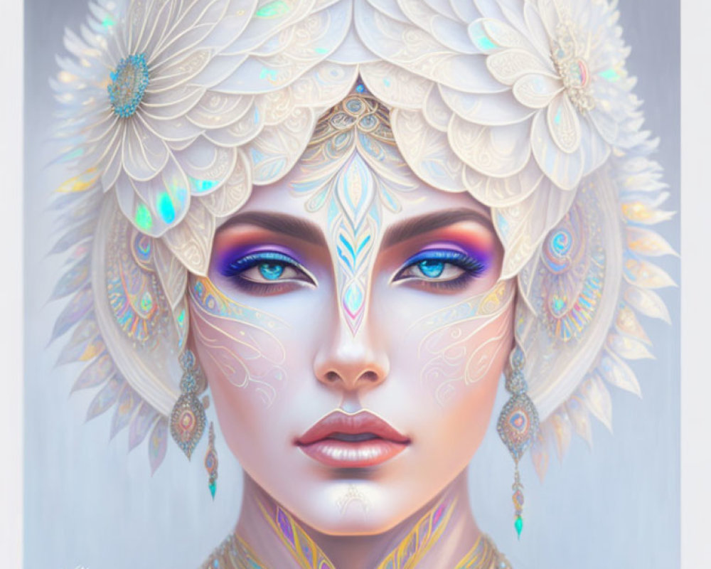 Portrait of a Woman with Extravagant White Headgear and Vibrant Blue Eyes