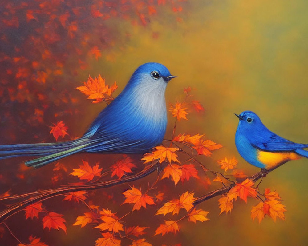 Colorful blue birds on red autumn branches against yellow-orange gradient.