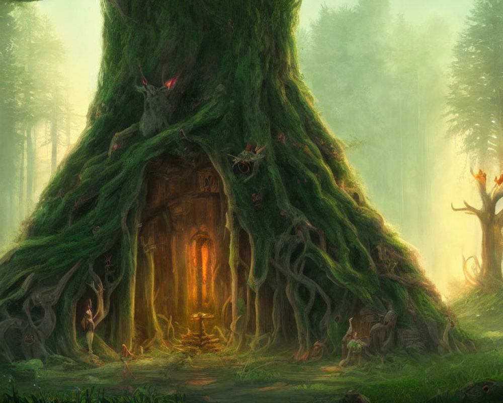 Enchanting forest scene with ancient tree, mystical creatures, and soft sunlight