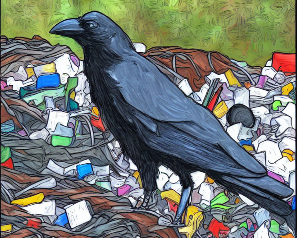 Stylized crow on colorful garbage pile with painted texture effect