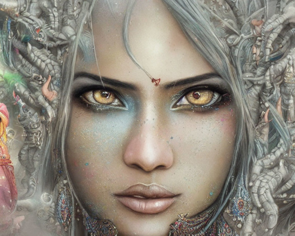 Fantastical female face with silver adornments and yellow eyes