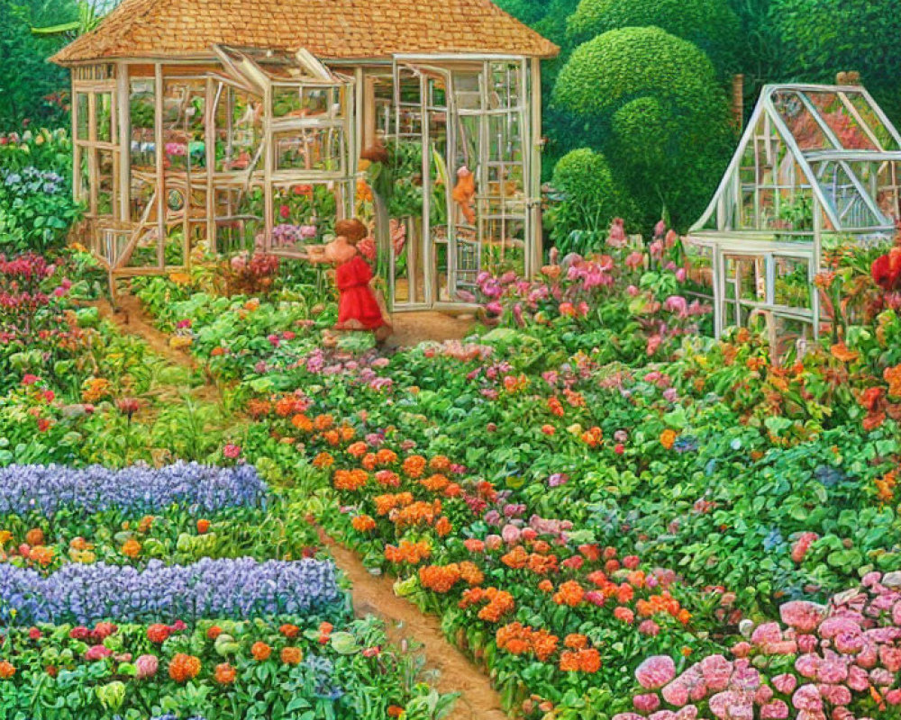 Blooming garden with path to greenhouse and person in red amid vibrant flora