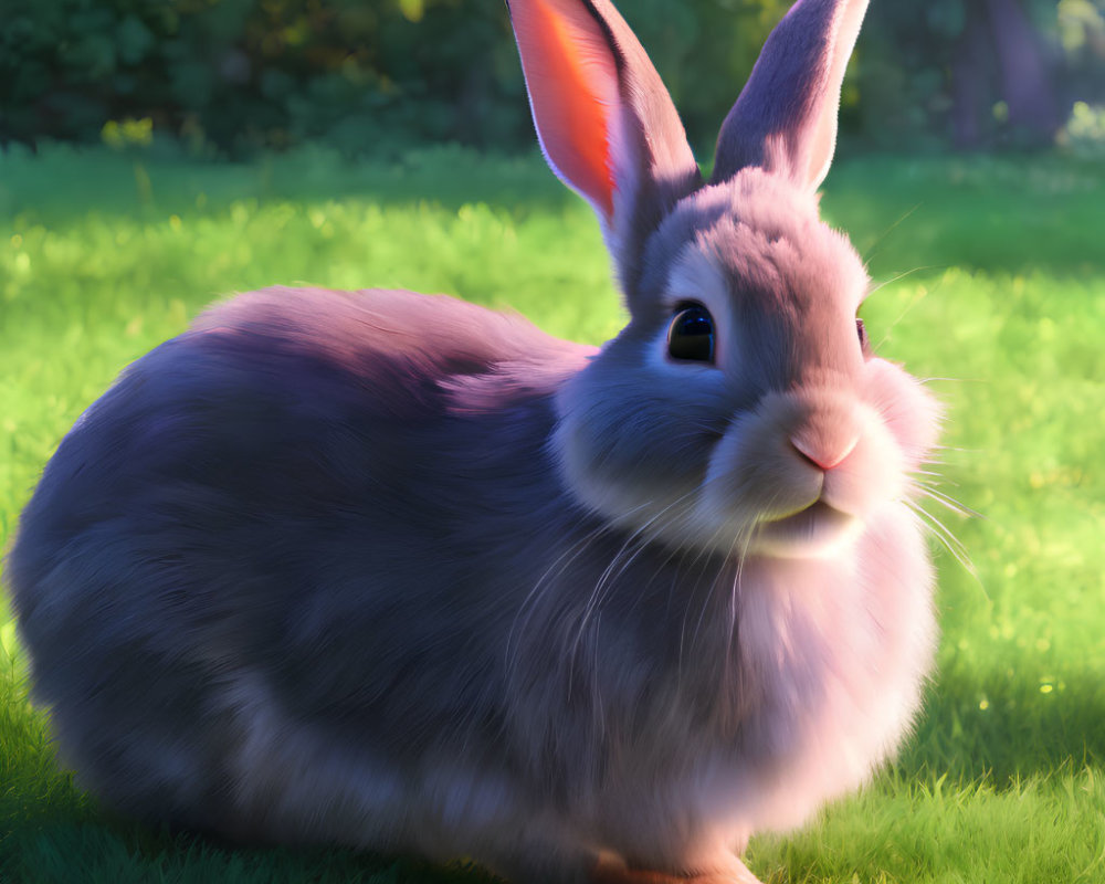 Fluffy rabbit on grass with large upright ears