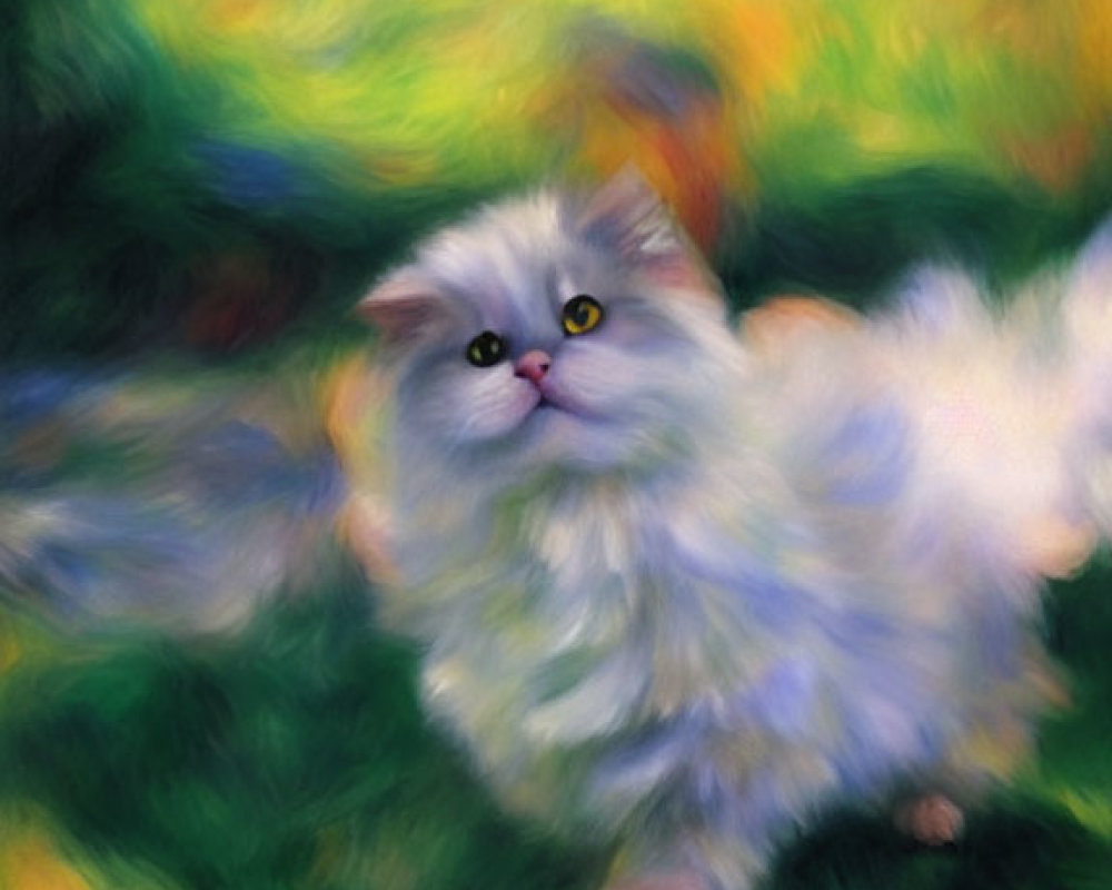 Fluffy White Cat with Yellow Eyes on Green Grass and Red Object