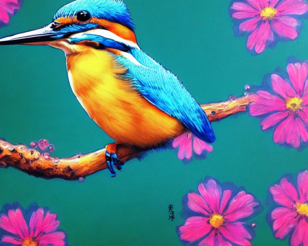 Colorful illustration: Blue kingfisher on branch with pink flowers and Asian script