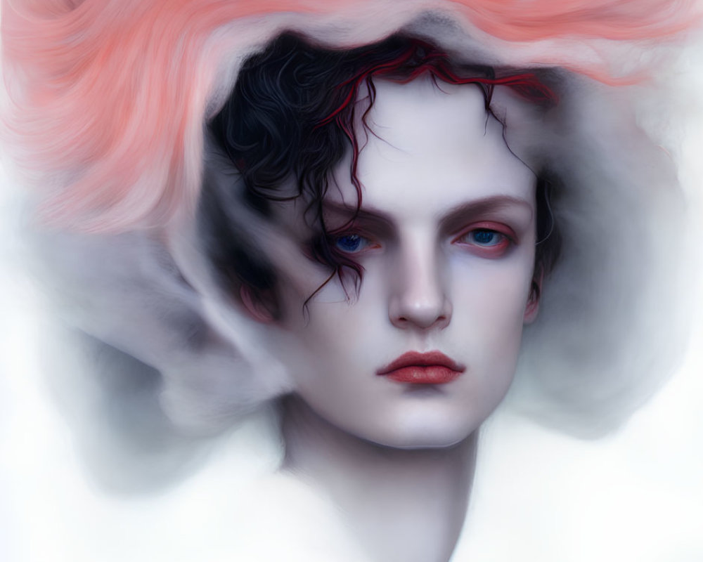 Surreal portrait of person with red hair, blue eyes, and dark lips