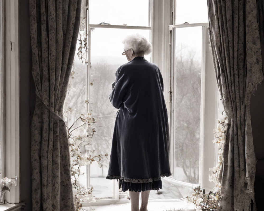 Elderly woman in blue robe gazes out of open window at winter landscape