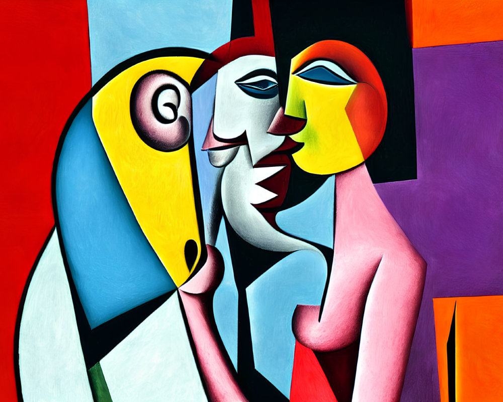 Colorful abstract painting: geometric shapes, bright colors, cubist style, two faces