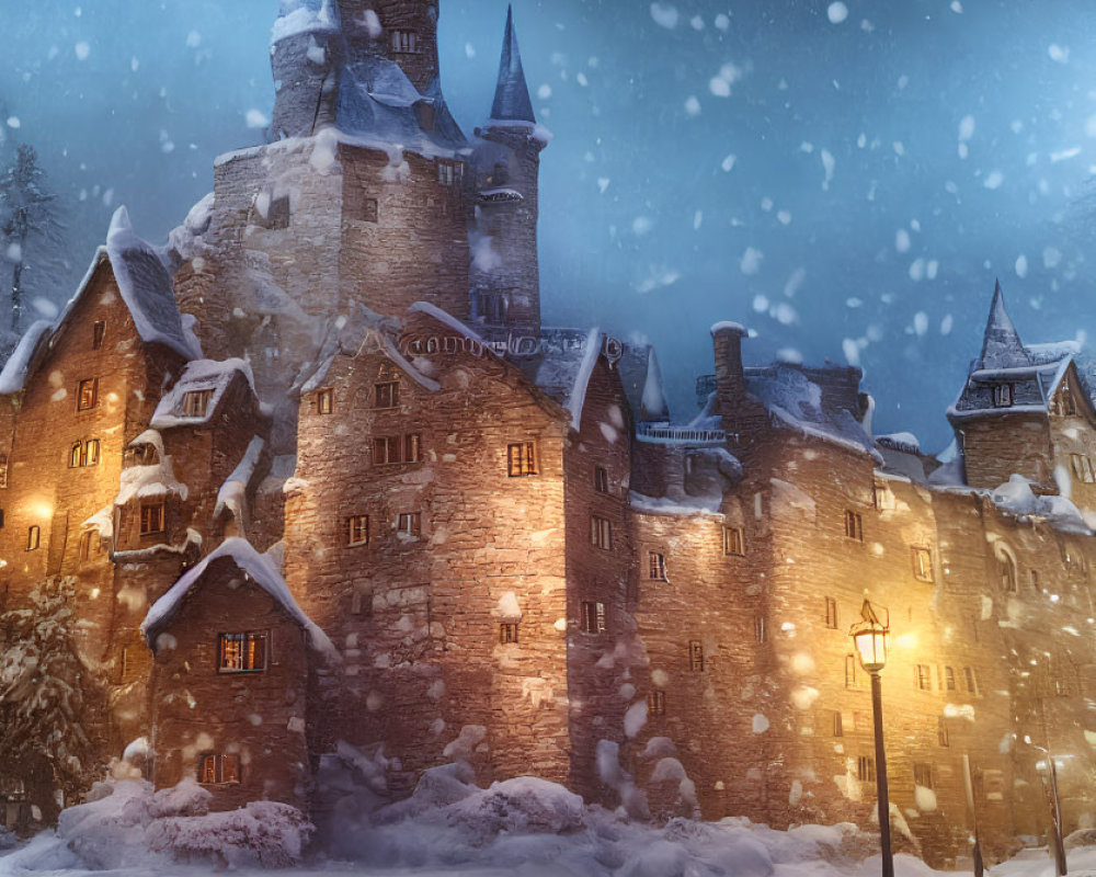 Snow-covered castle at twilight with heavy snowfall and warm lights.