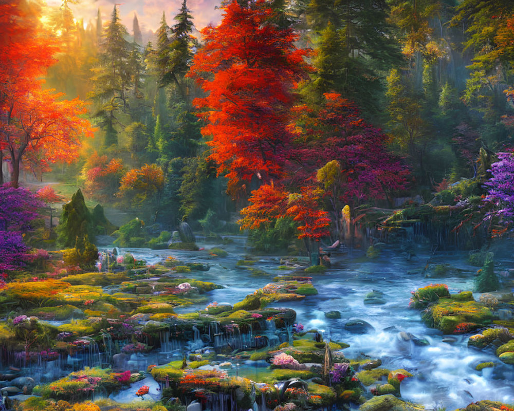 Colorful Fantasy Forest with Sparkling River & Sunlit Flora