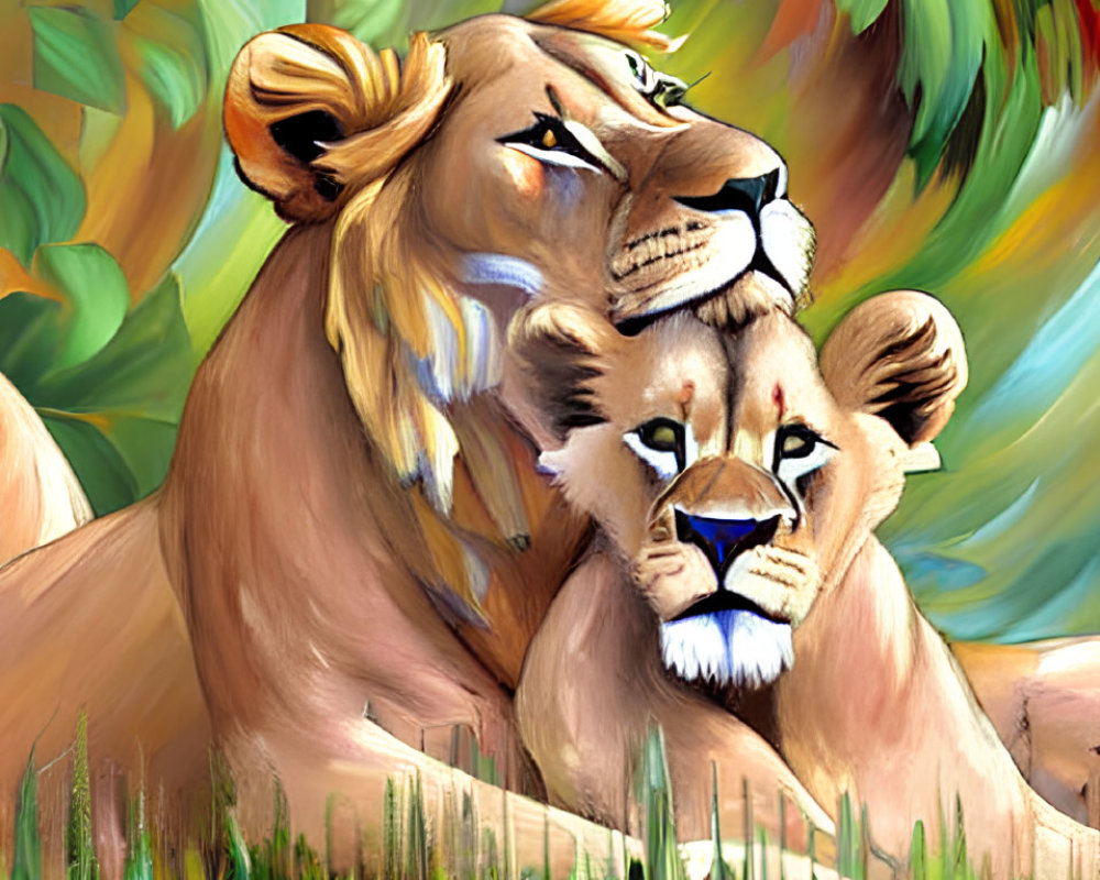 Serene lions amidst lush foliage and grass