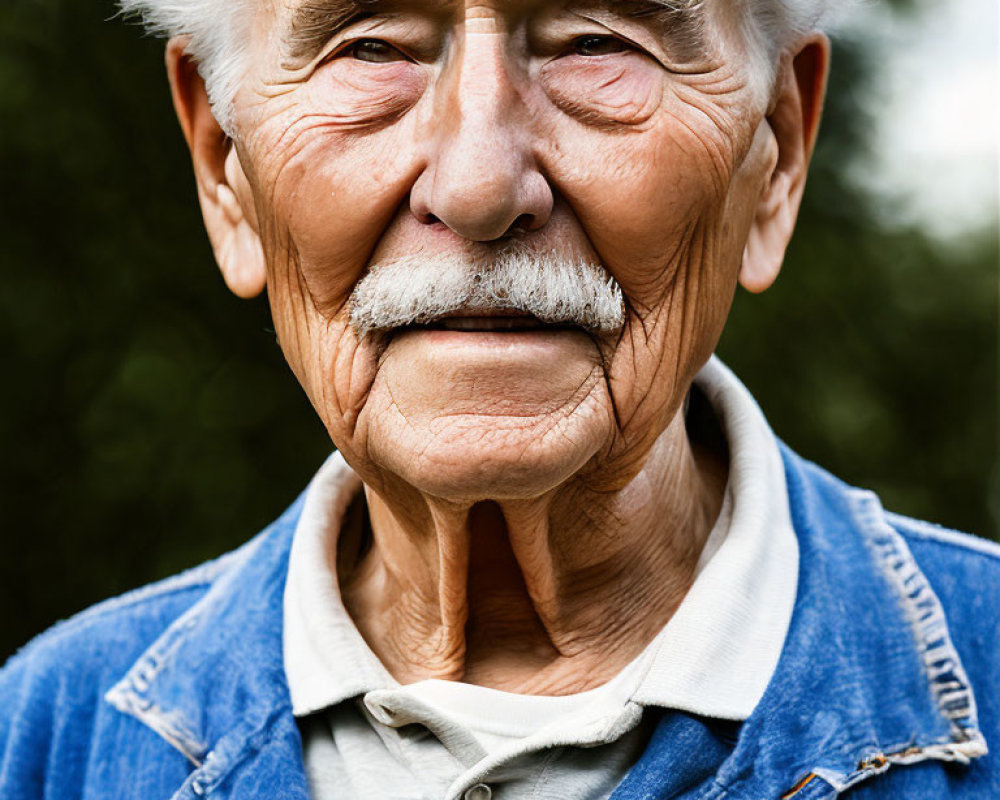 Elderly man with white hair and denim shirt in thoughtful pose against green backdrop