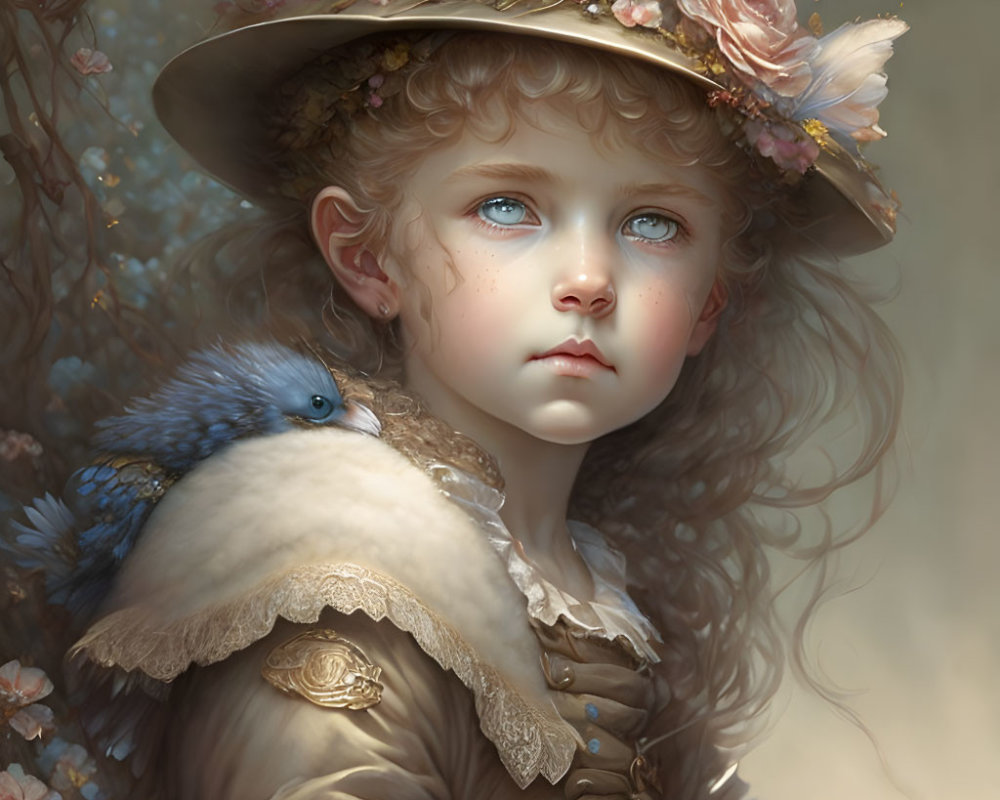 Digital painting of young girl with blue eyes in vintage hat with flowers and bluebird on shoulder