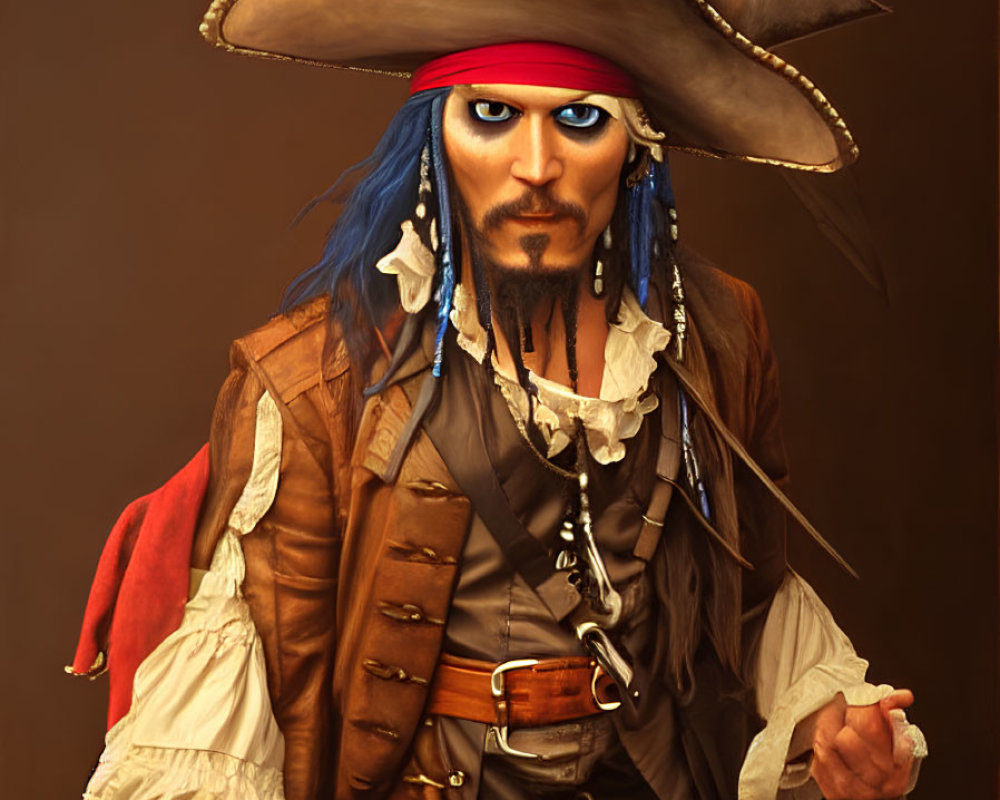 Detailed Pirate Costume Portrait: Large Hat, Red Bandana