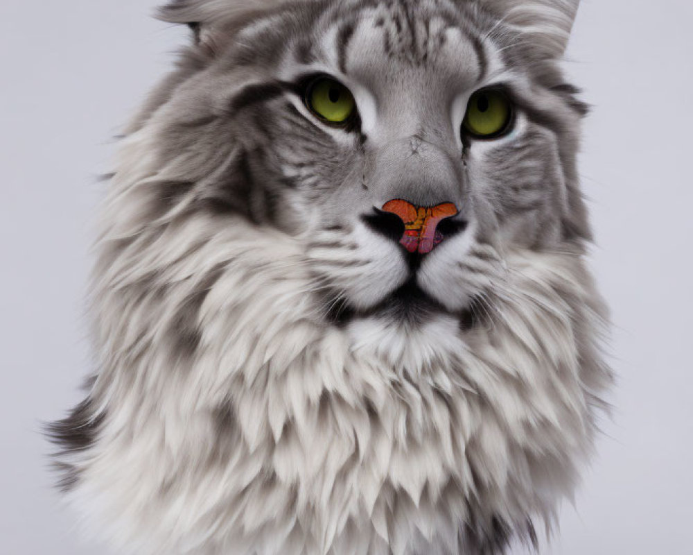 Majestic white cat with grey stripes and green eyes on plain background