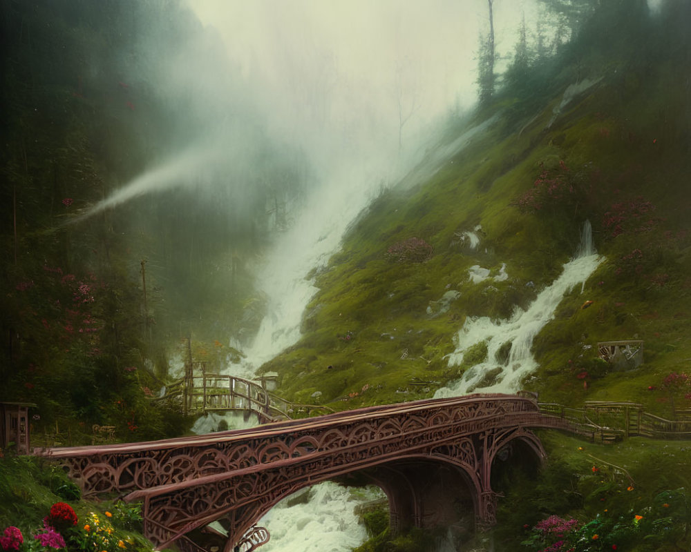 Ethereal landscape with rushing river, ornate bridge, lush greenery, vibrant flowers