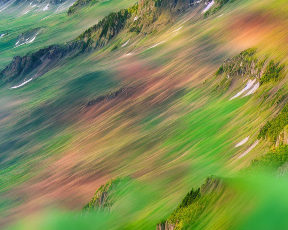 Blurred abstract landscape with vibrant green, brown, and red streaks