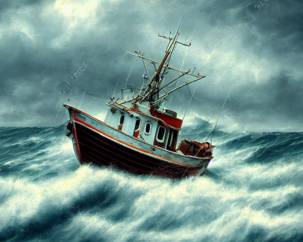 Fishing boat in stormy sea with turbulent waves