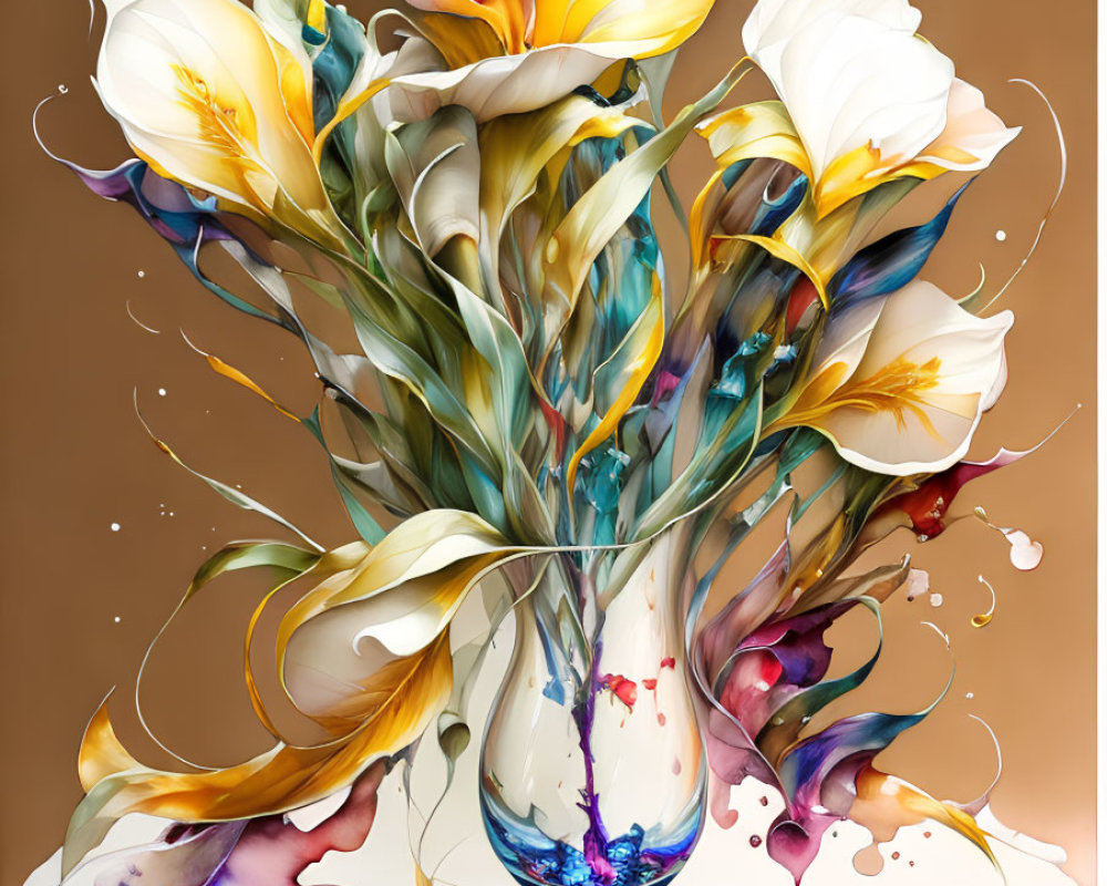 Colorful digital artwork: Abstract flowers in swirling vase with paint splashes