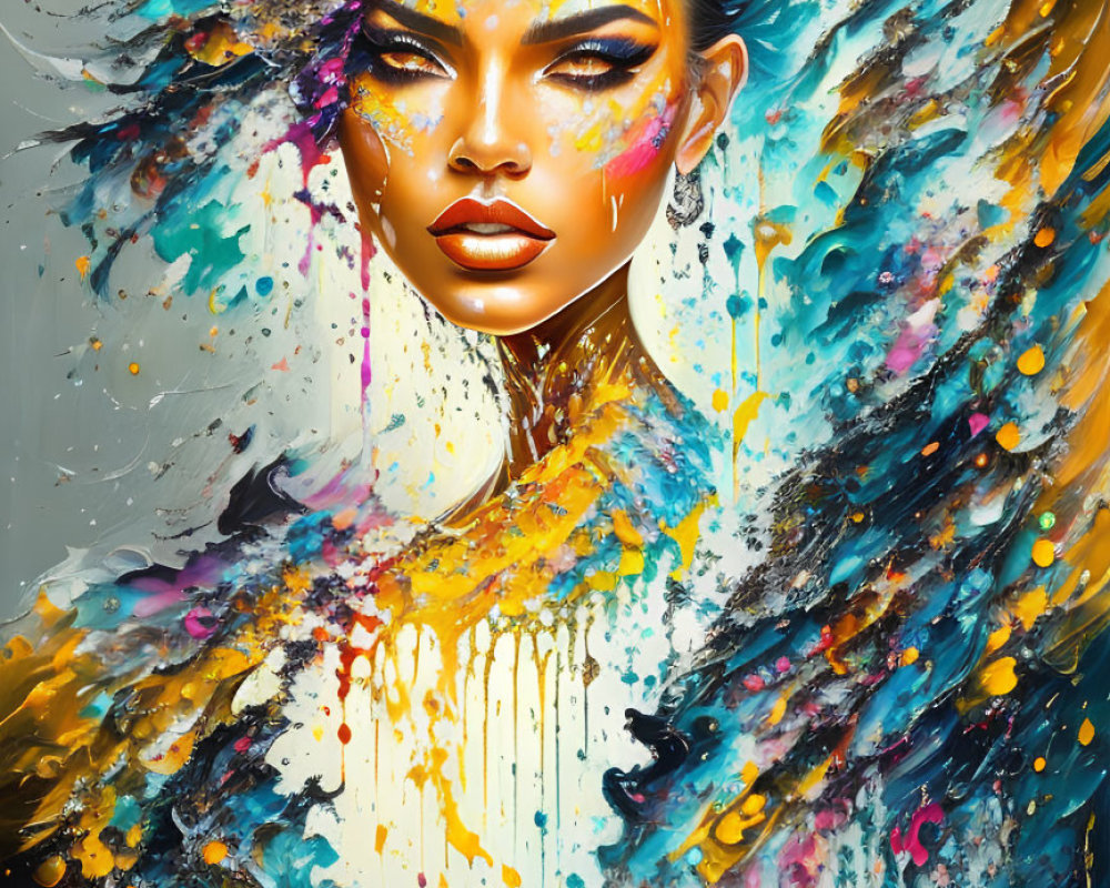 Colorful paint splashes adorn woman's portrait in dynamic display