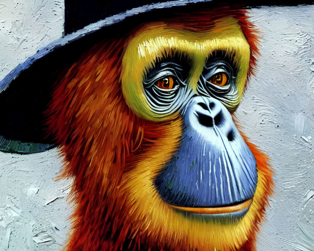 Vibrant painting of colorful monkey with blue face and black hat