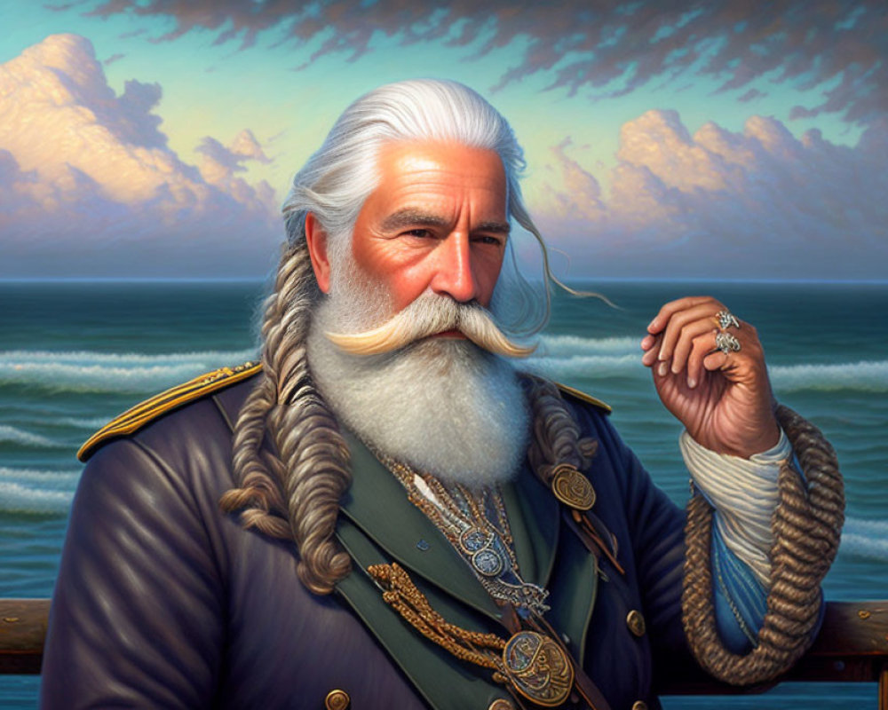 Elderly sea captain portrait in navy uniform on ship