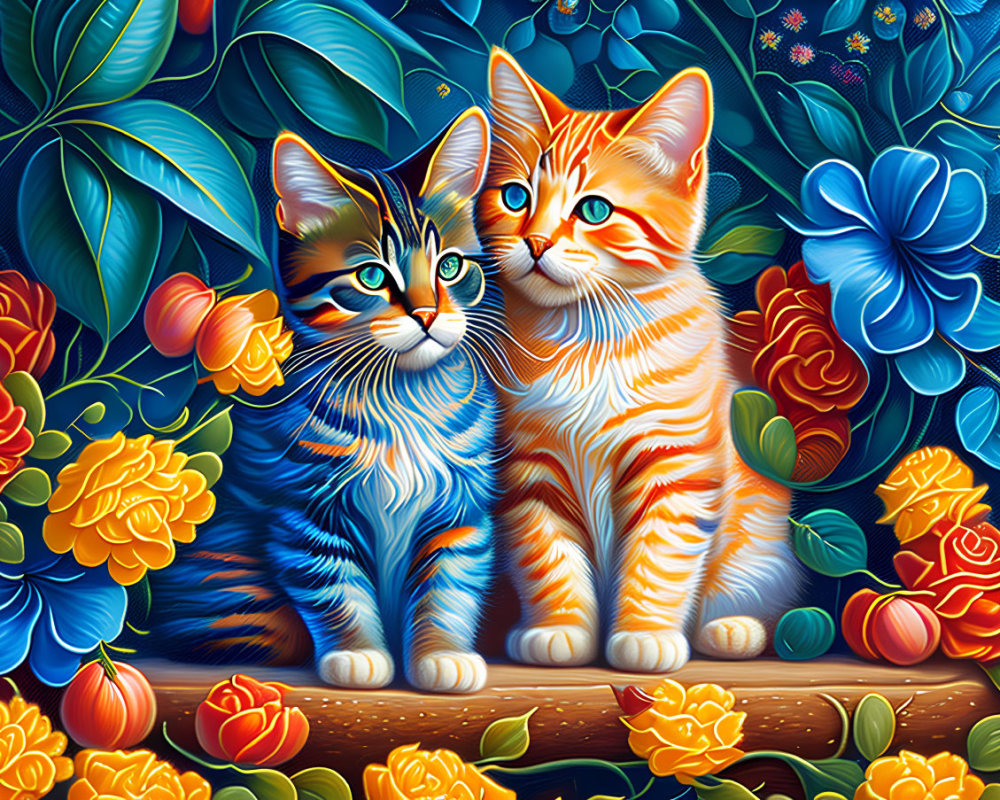 Vibrantly colored stylized cats with green eyes in lush, fantastical setting