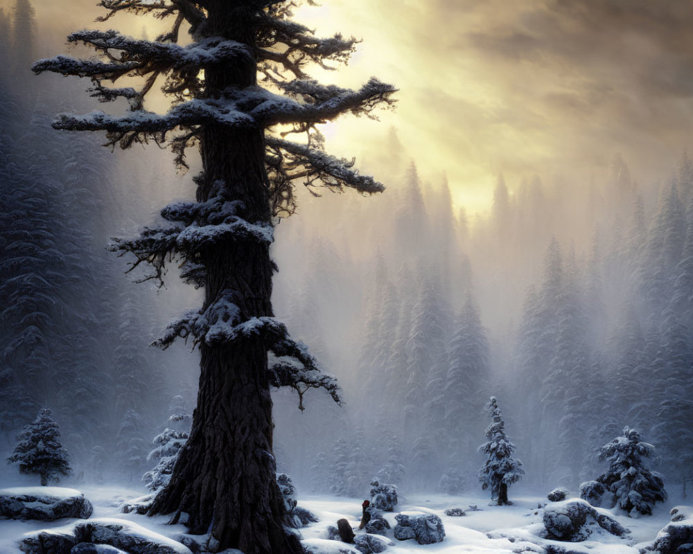 Snowy Forest Scene at Dusk with Large Tree and Sunbeams