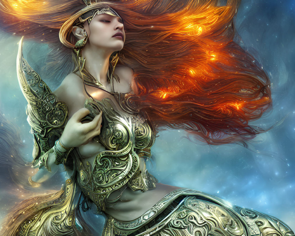 Fantasy Artwork: Woman with Fiery Hair & Golden Armor on Blue Background