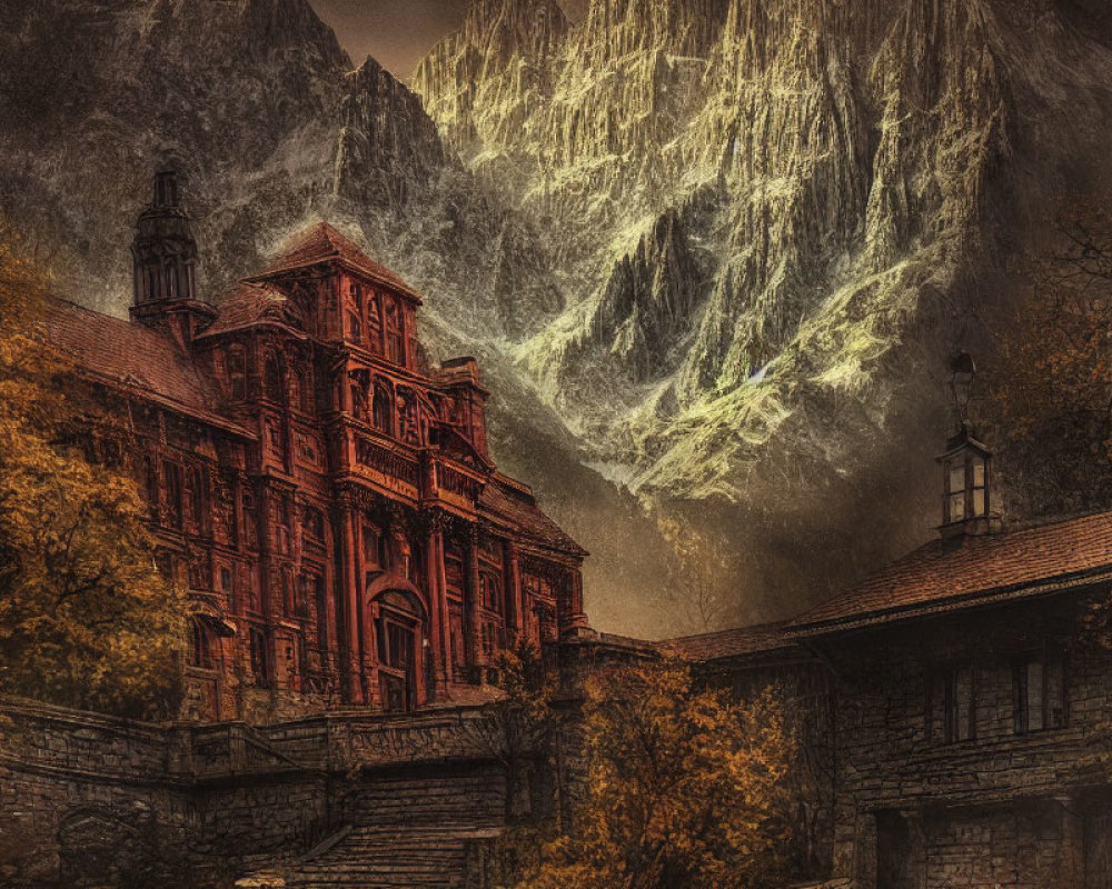 Classic Red-Brick Building Amid Stone Houses and Misty Mountains