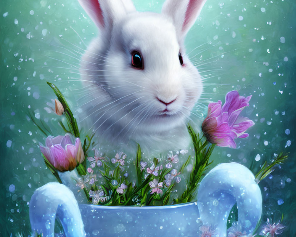 Illustration of white rabbit in blue bowl with flowers and magical green background