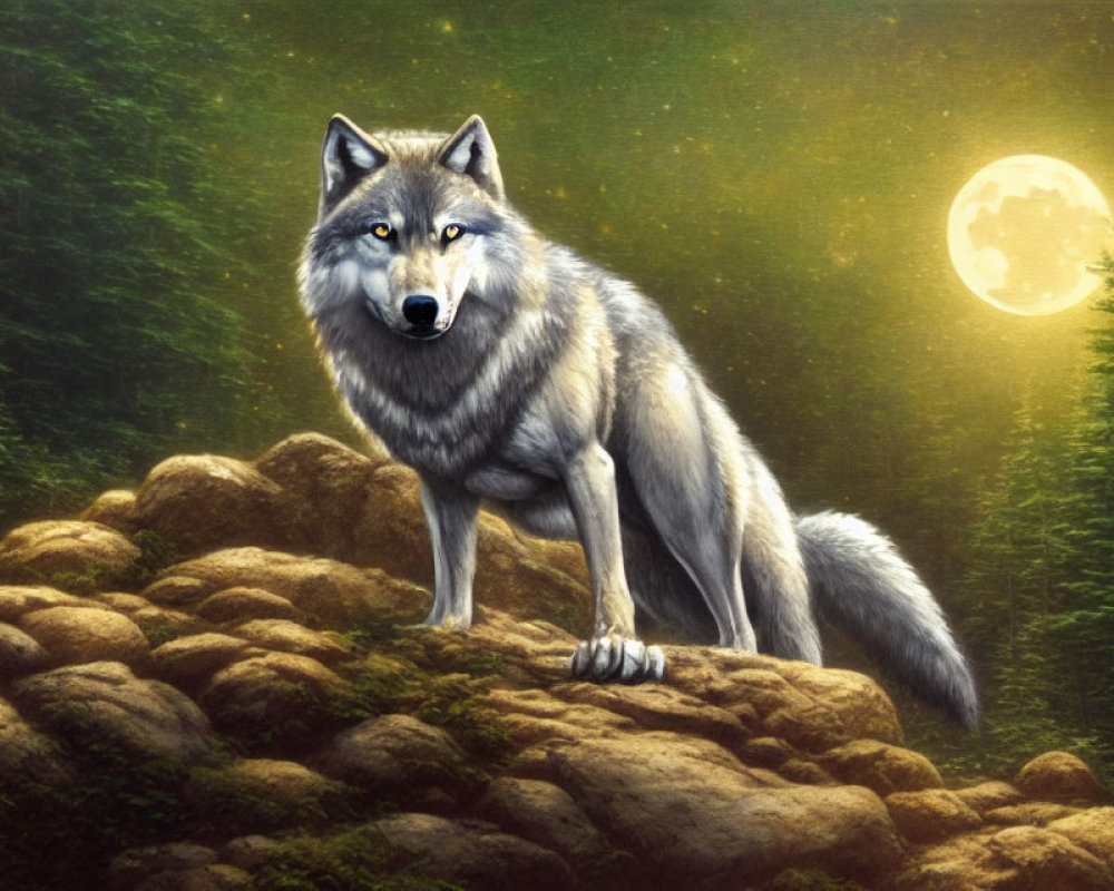 Majestic wolf on rocky outcrop in moonlit forest