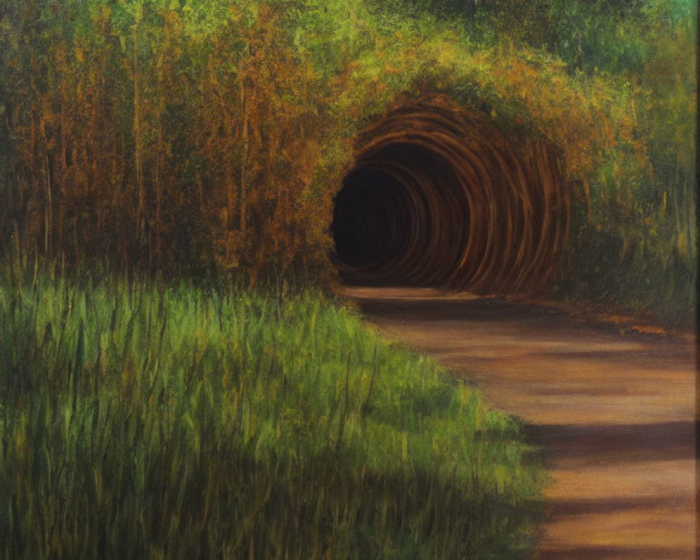 Tranquil painting of pathway to dark tunnel in lush green setting