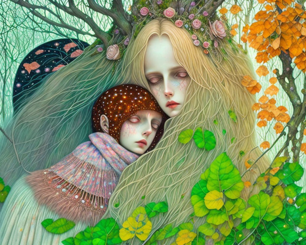 Illustration of ethereal beings embraced in lush, colorful foliage