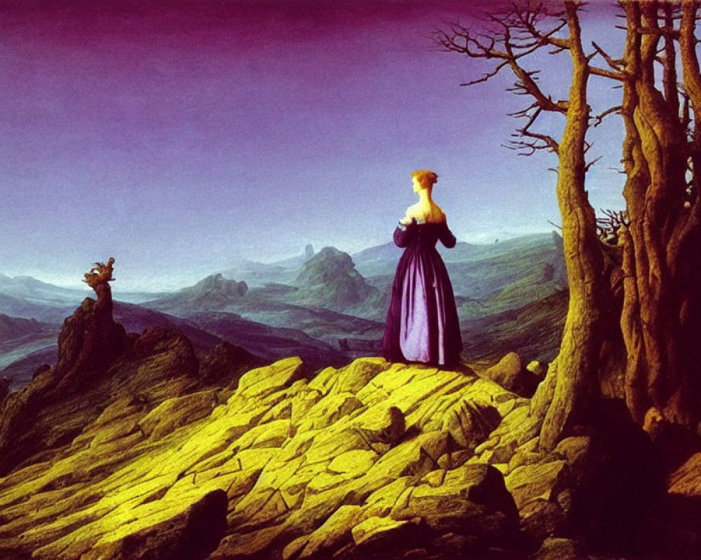 Woman in Purple Dress Contemplating Mountain Landscape