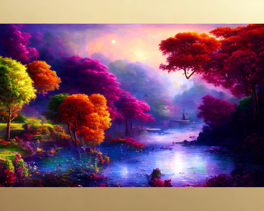 Colorful Artwork of Fantastical Landscape with River and Boat