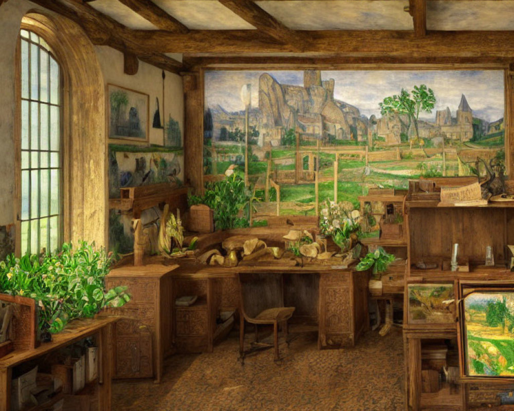 Rustic Interior with Wooden Desk, Green Plants, Botanical Illustrations, and Pastoral View