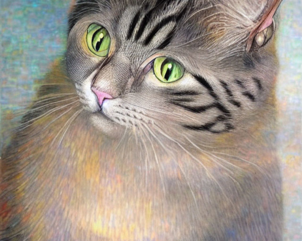 Striped Tabby Cat with Green Eyes on Colorful Background